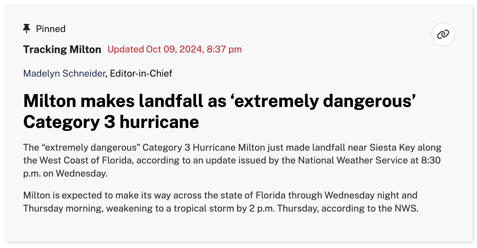 An example of a hurricane update citing the most recent NWS alert.