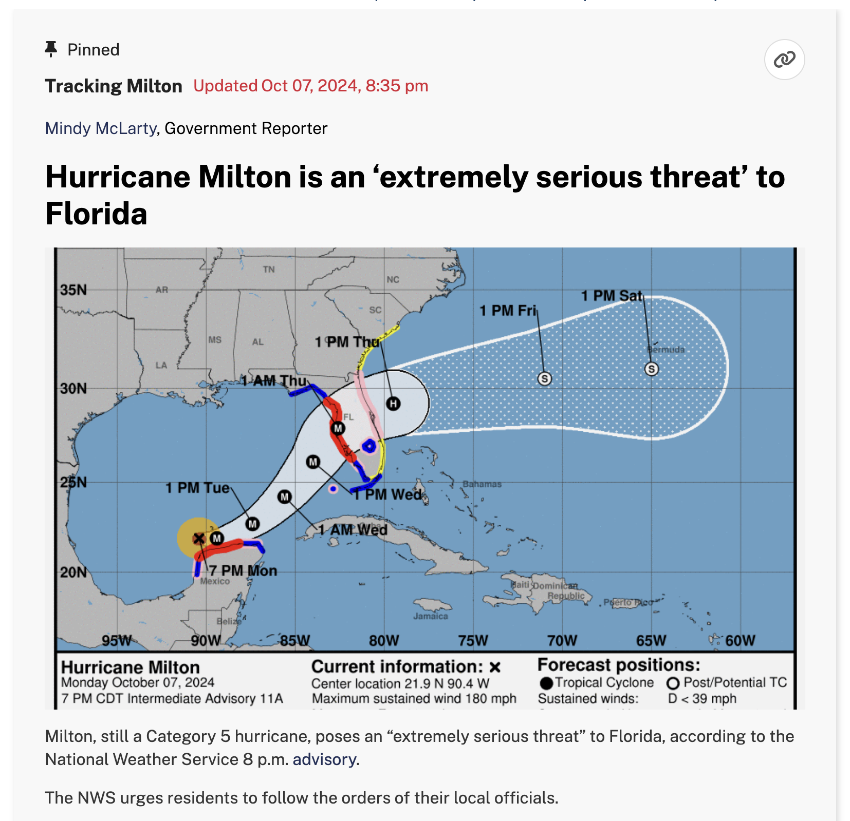 An example of a hurricane update with NWS information and maps.